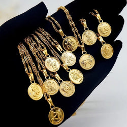 18k gold plated coin shaped zodiac sign pendant necklace chain