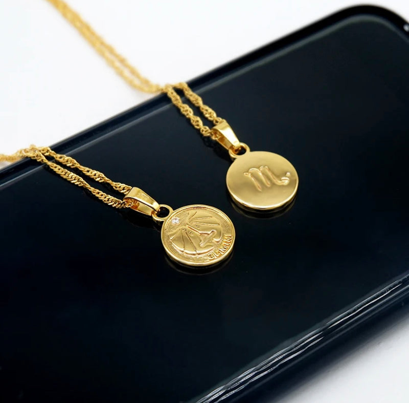 18k gold plated coin shaped zodiac sign pendant necklace chain